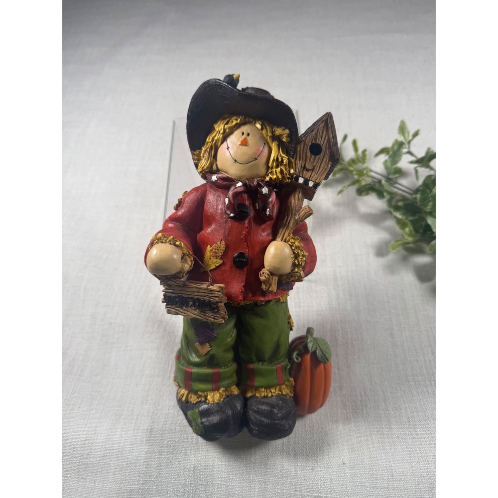 Fall Scarecrow Figurine 10" Halloween Harvest Decor Welcome Sign Bird Bobble